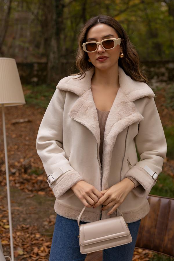 Suni Kürklü Süet Mont - KREM