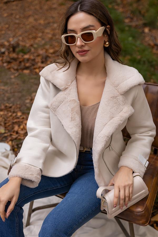 Suni Kürklü Süet Mont - KREM