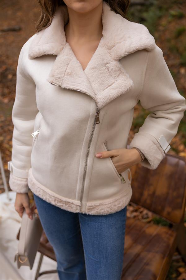 Suni Kürklü Süet Mont - KREM