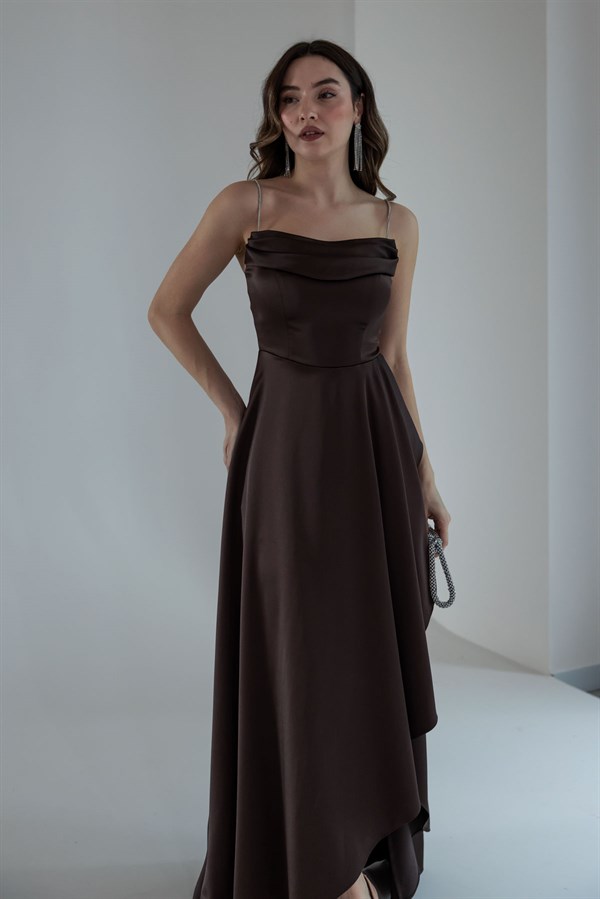 Taş Askılı Saten Abiye - KAHVERENGİ