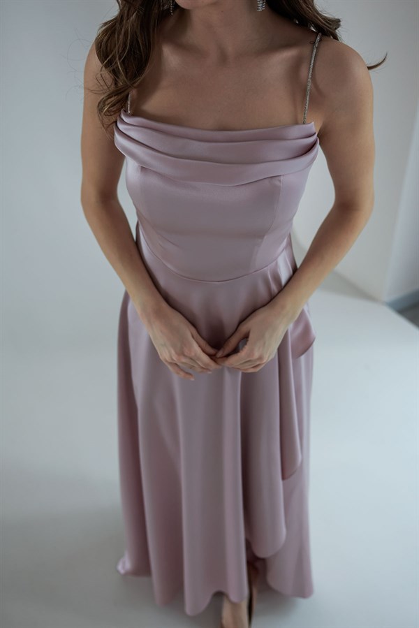 Taş Askılı Saten Abiye - PUDRA