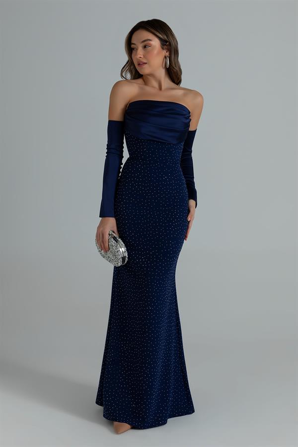 Taş Baskılı Abiye - LACİVERT