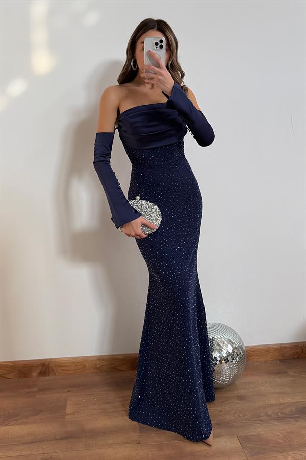 Taş Baskılı Abiye - LACİVERT