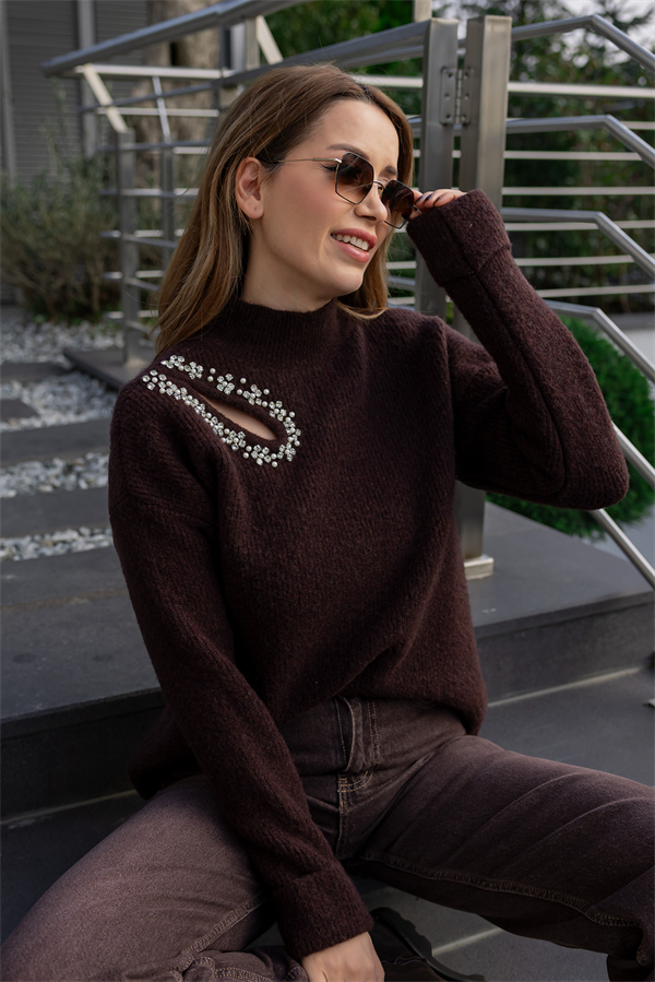 Taş Detay Premium Kazak - KAHVERENGİ