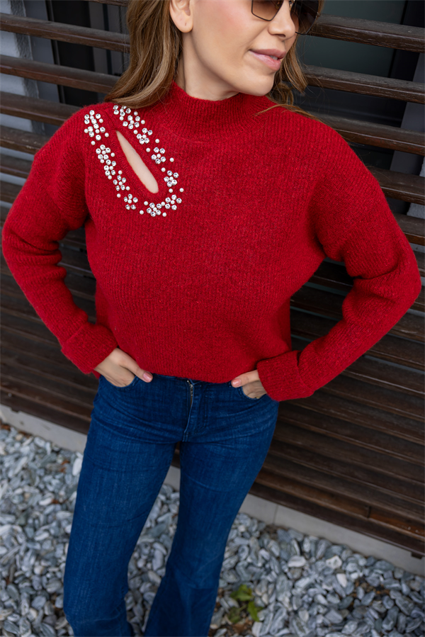 Taş Detay Premium Kazak - KIRMIZI