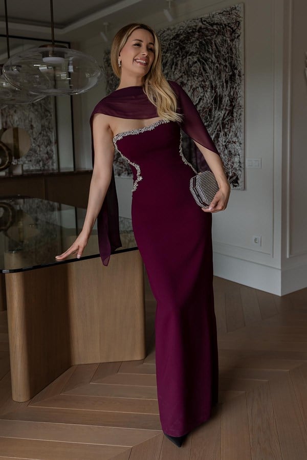Taş Detaylı Straplez Abiye - BORDO