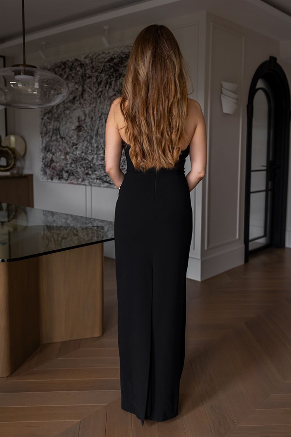 Taş Detaylı Straplez Abiye - SİYAH