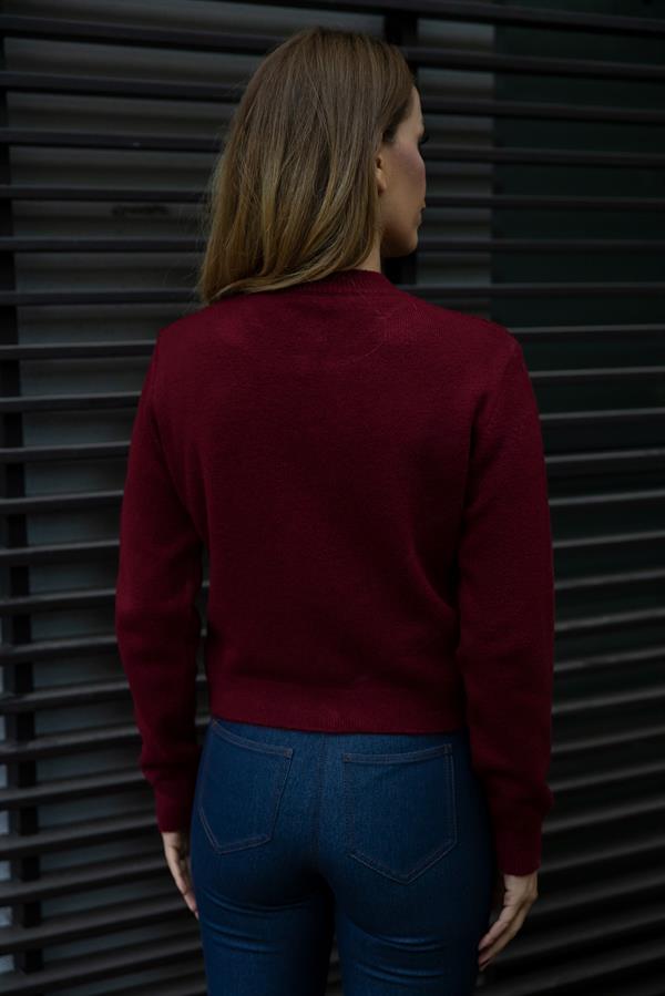 Taş Detaylı Triko Hırka - BORDO