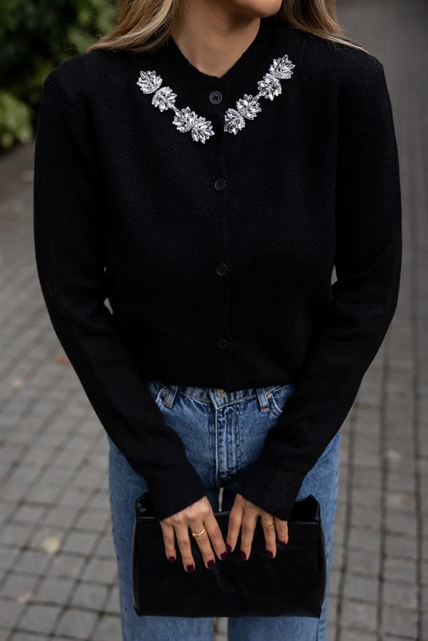 Taş Detaylı Triko Hırka - SİYAH