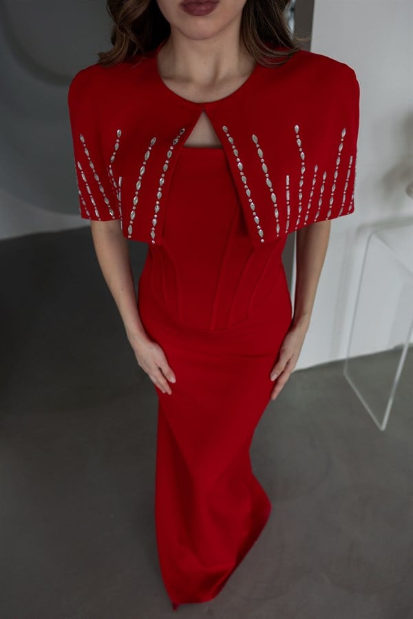 Taş İşlemeli Bolero Abiye - KIRMIZI