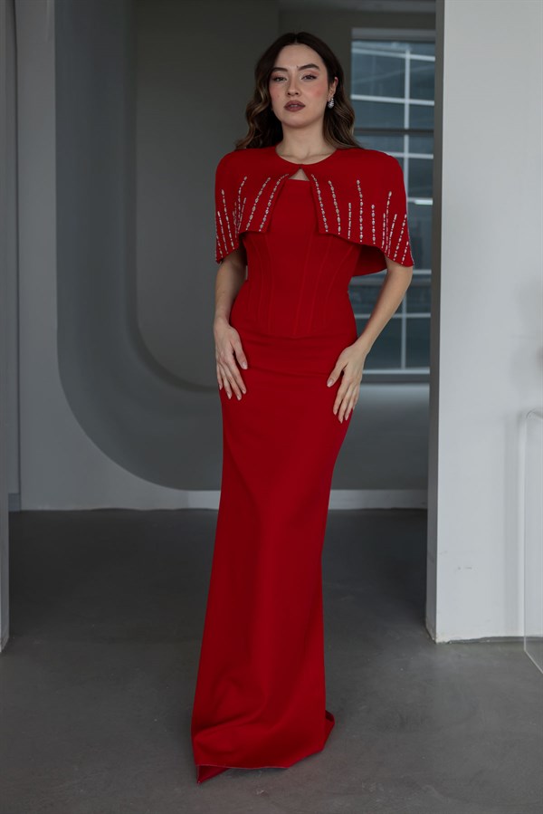 Taş İşlemeli Bolero Abiye - KIRMIZI