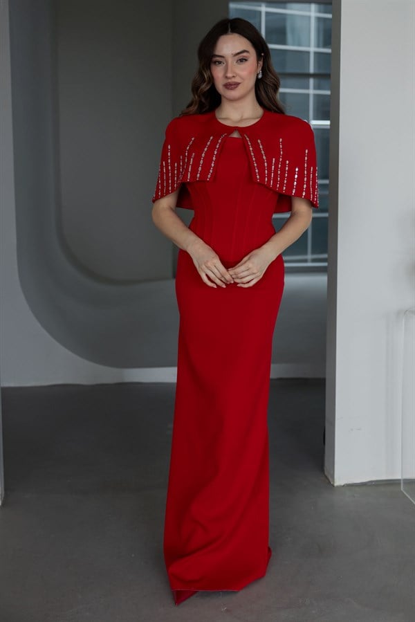 Taş İşlemeli Bolero Abiye - KIRMIZI