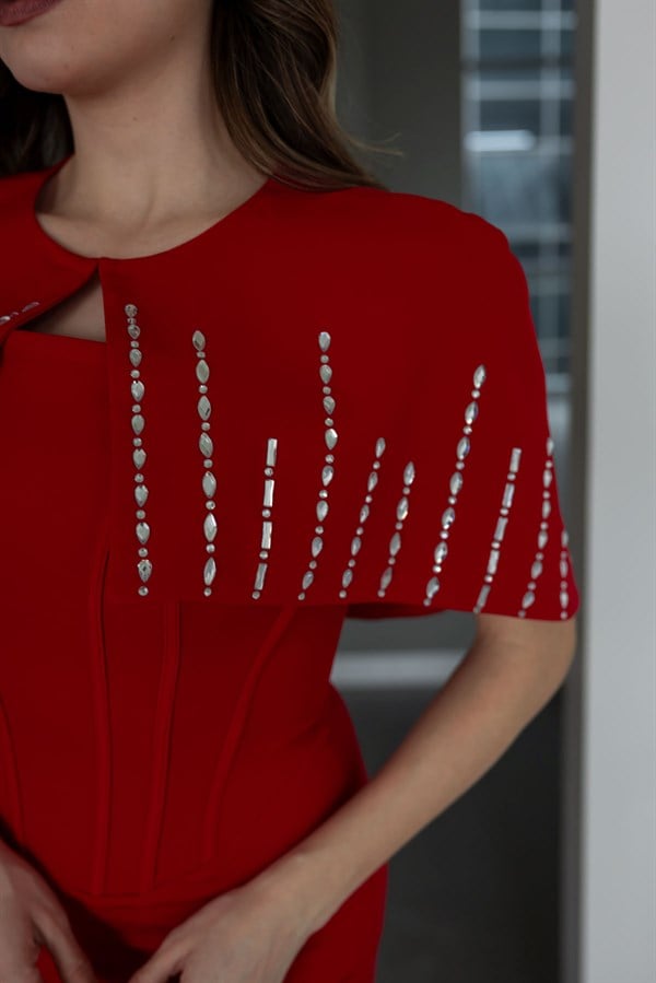 Taş İşlemeli Bolero Abiye - KIRMIZI