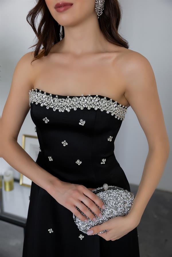 Taş İşlemeli Straplez Abiye - SİYAH