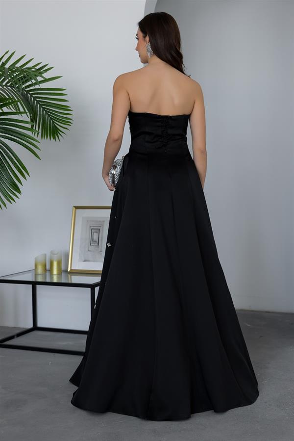 Taş İşlemeli Straplez Abiye - SİYAH