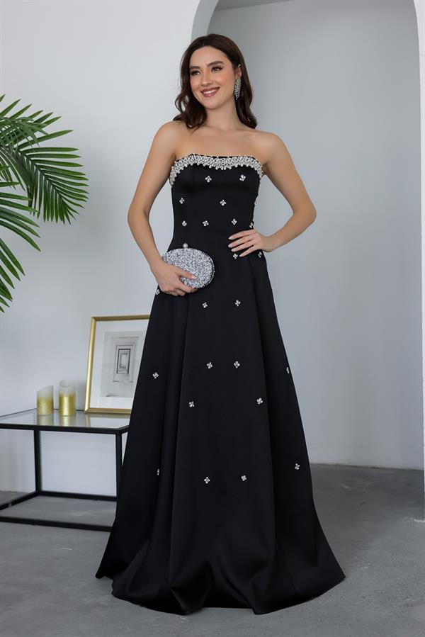 Taş İşlemeli Straplez Abiye - SİYAH