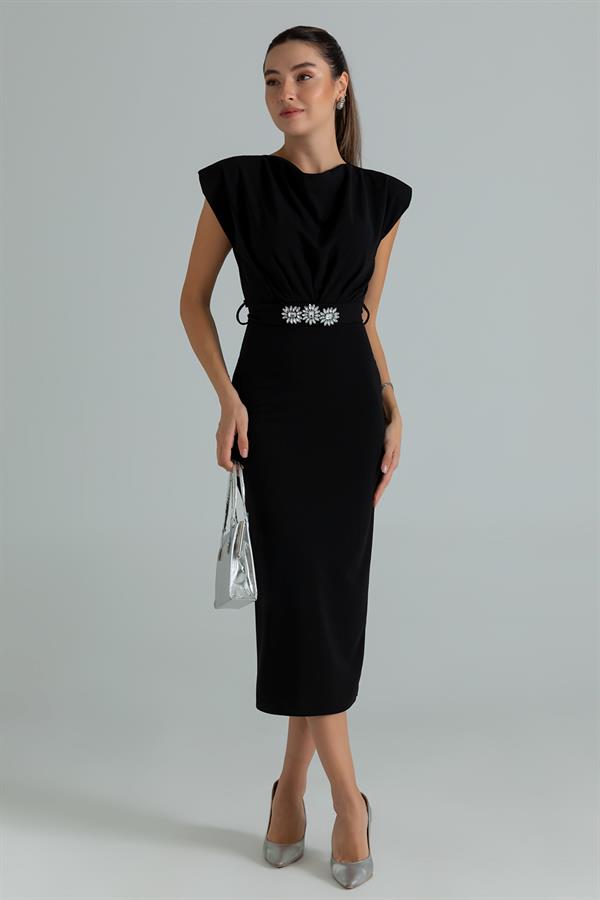 Taş Kemerli Kalem Elbise - SİYAH