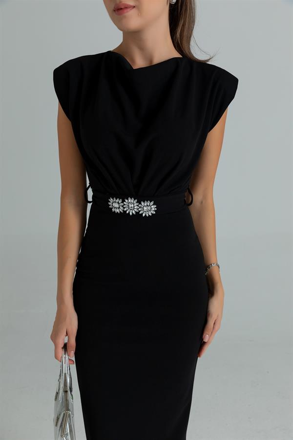 Taş Kemerli Kalem Elbise - SİYAH