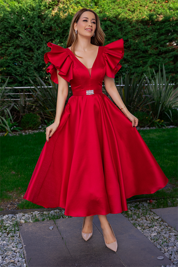 Taş Kemerli Midi Boy Abiye - KIRMIZI