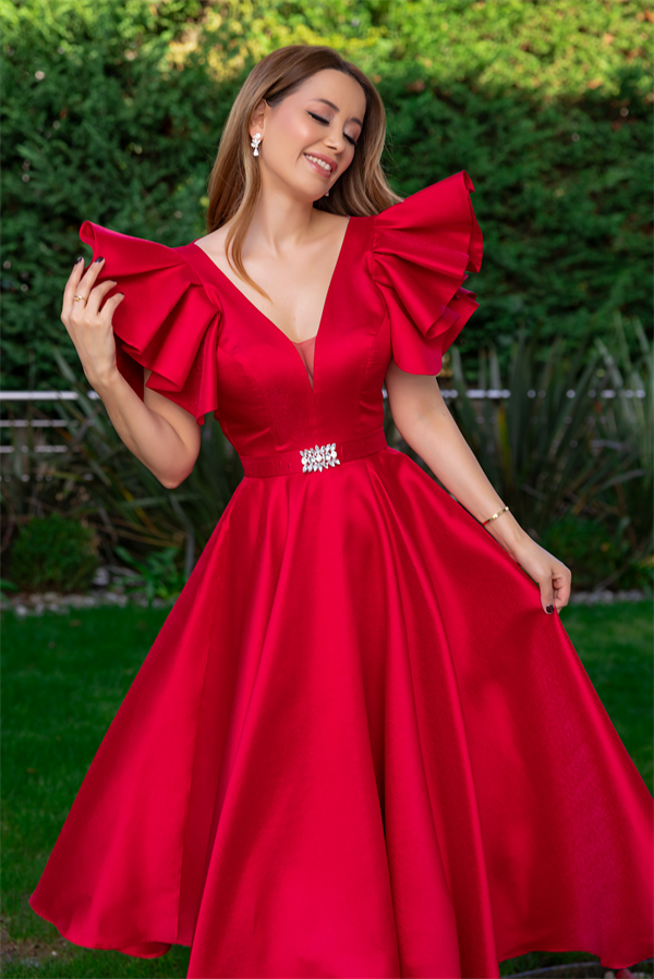 Taş Kemerli Midi Boy Abiye - KIRMIZI