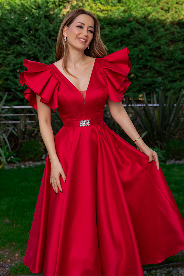 Taş Kemerli Midi Boy Abiye - KIRMIZI