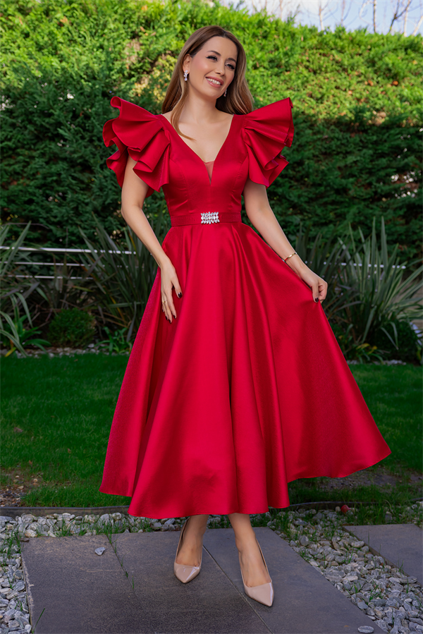 Taş Kemerli Midi Boy Abiye - KIRMIZI