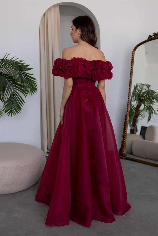 Taş Kemerli Tül Abiye - BORDO