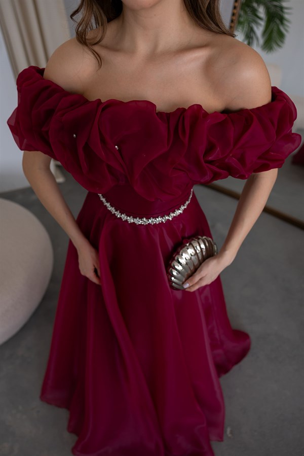 Taş Kemerli Tül Abiye - BORDO