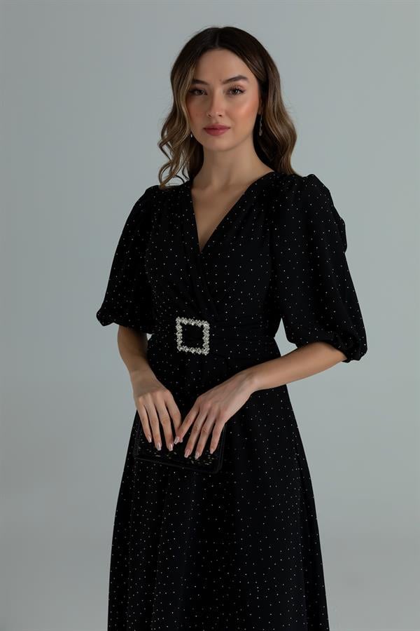 Taş Tokalı Işıltılı Elbise - SİYAH