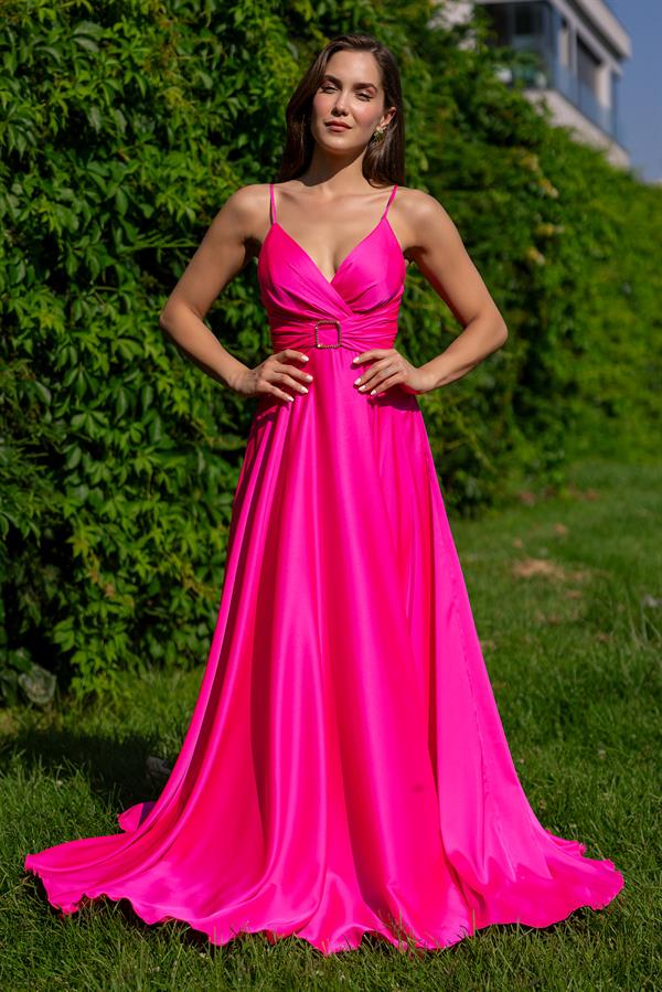 Taş Tokalı Saten Abiye - PEMBE