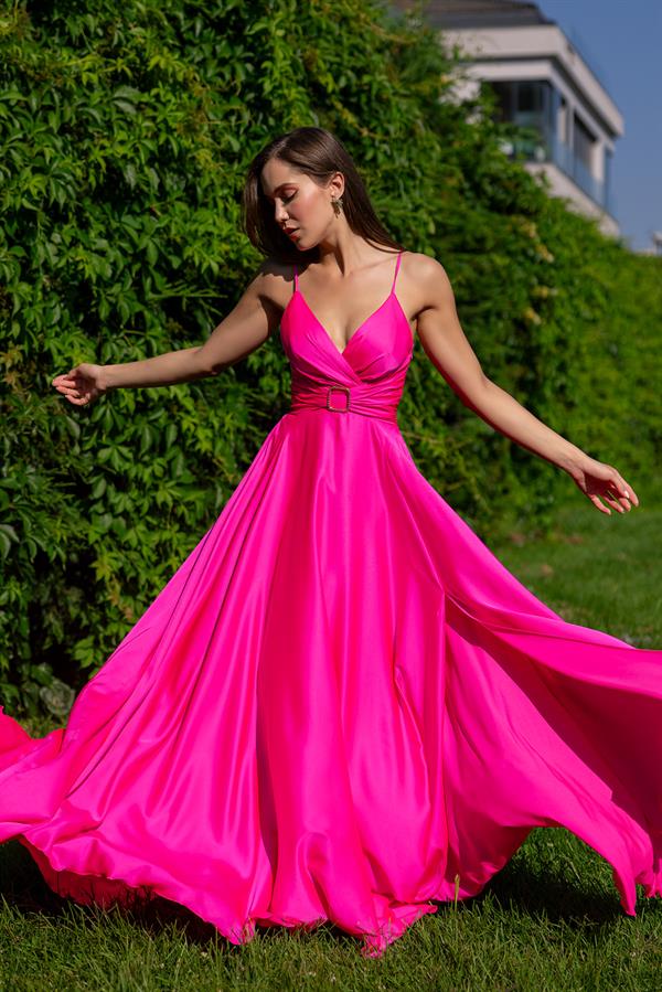 Taş Tokalı Saten Abiye - PEMBE