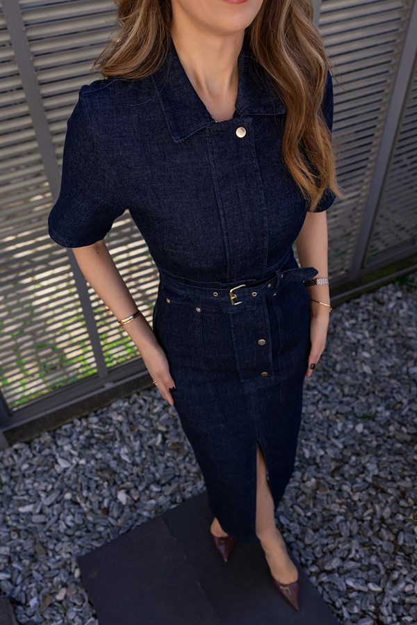 Tasarım Denim Elbise - LACİVERT