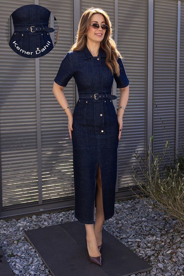 Tasarım Denim Elbise - LACİVERT