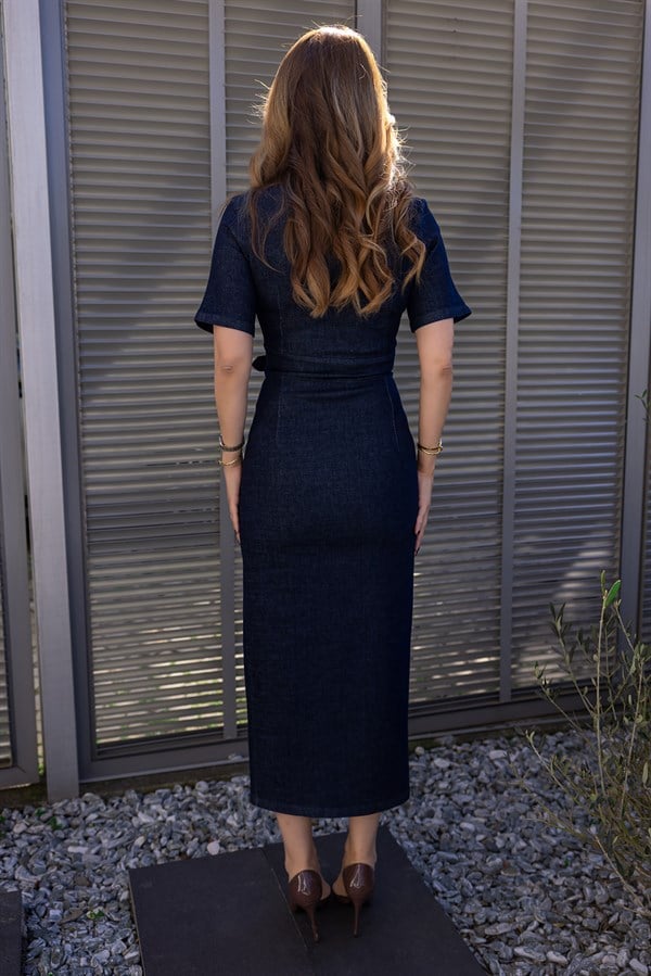 Tasarım Denim Elbise - LACİVERT