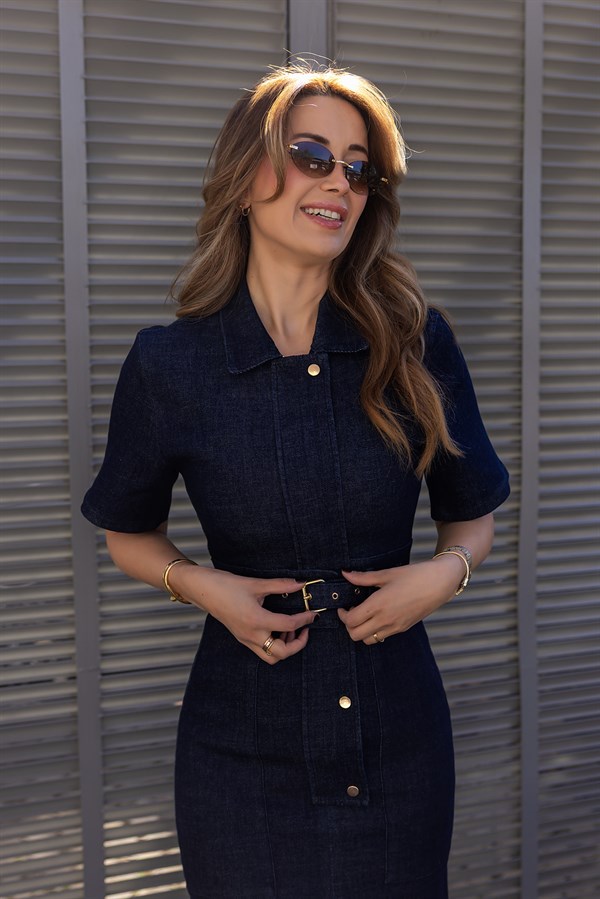Tasarım Denim Elbise - LACİVERT