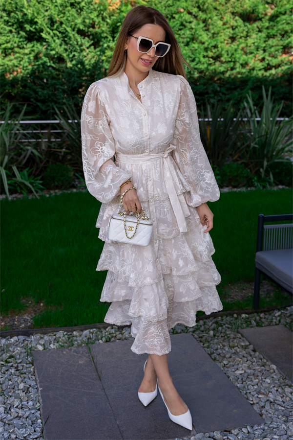 Tasarım Etek Kat Elbise - KREM