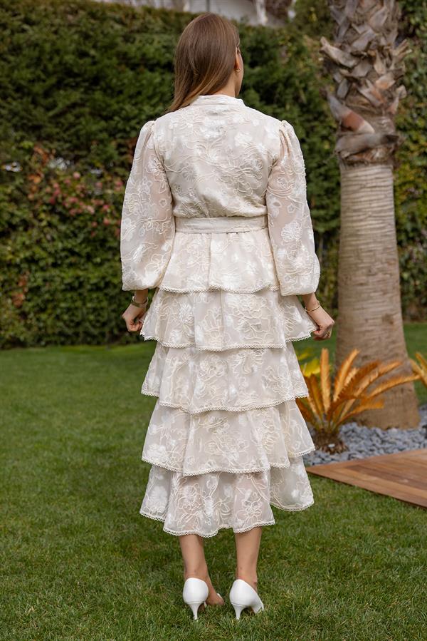 Tasarım Etek Kat Elbise - KREM