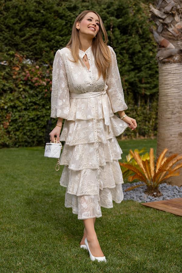 Tasarım Etek Kat Elbise - KREM