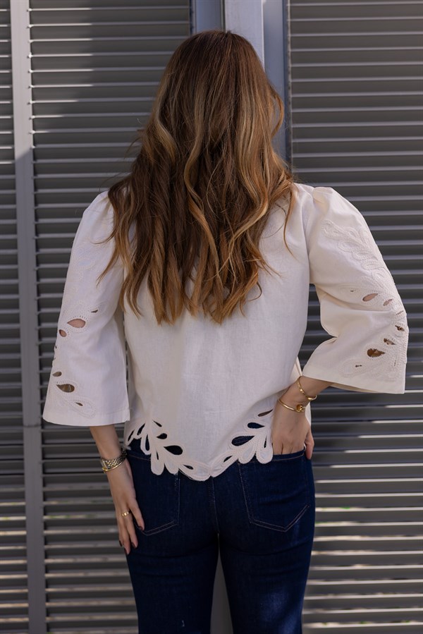 Tasarım Etnik Bluz - KREM