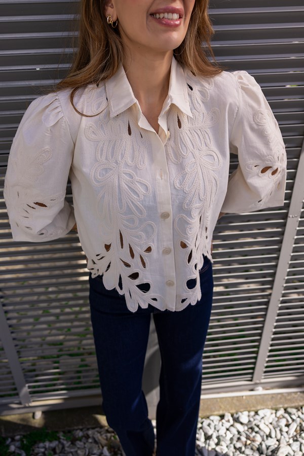 Tasarım Etnik Bluz - KREM