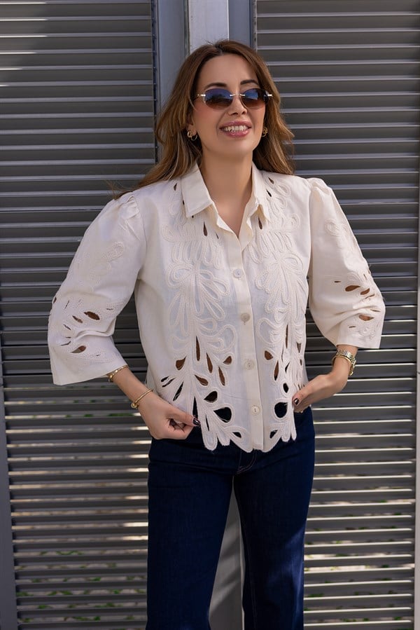 Tasarım Etnik Bluz - KREM