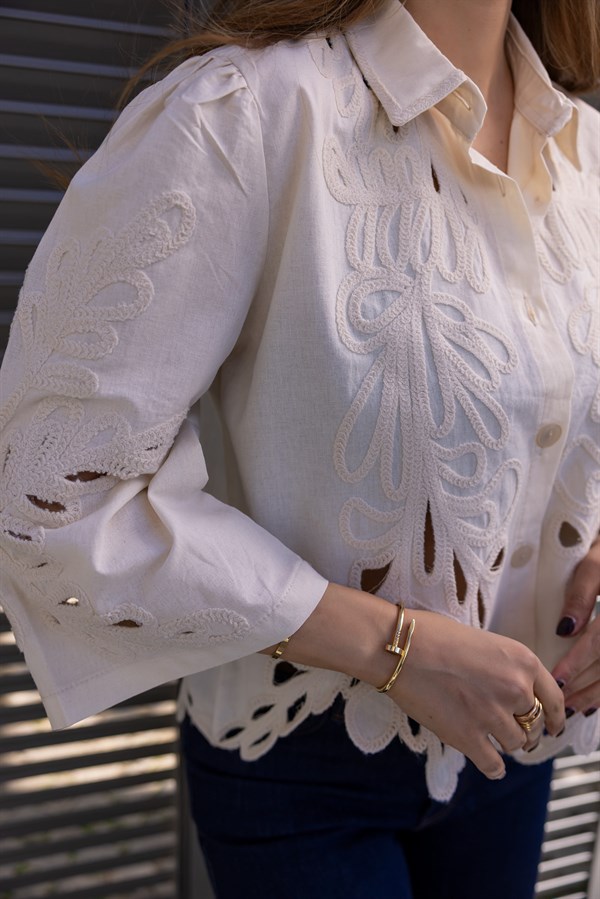 Tasarım Etnik Bluz - KREM