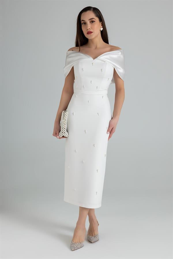 Designer Pearl Embellished Pencil Gown - White