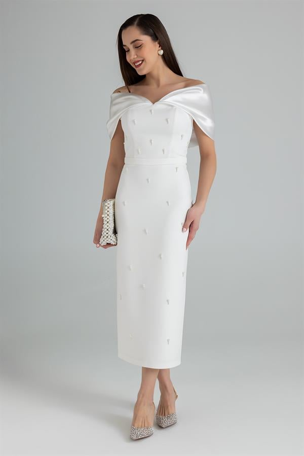 Designer Pearl Embellished Pencil Gown - White