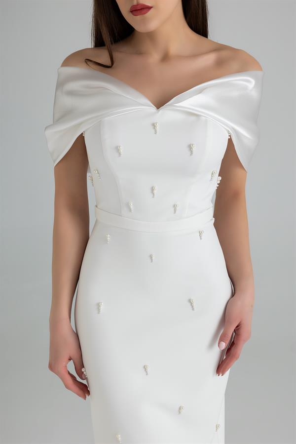 Designer Pearl Embellished Pencil Gown - White