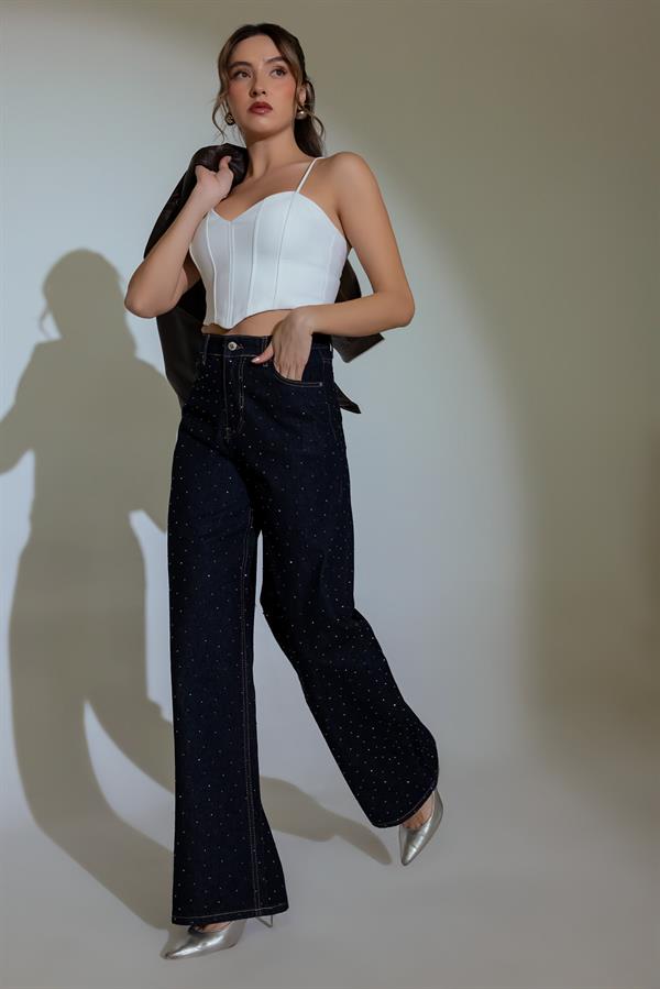 Taşlı Bol Paça Jean - LACİVERT