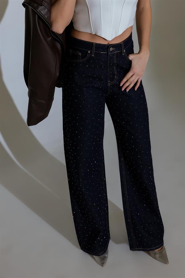 Taşlı Bol Paça Jean - LACİVERT