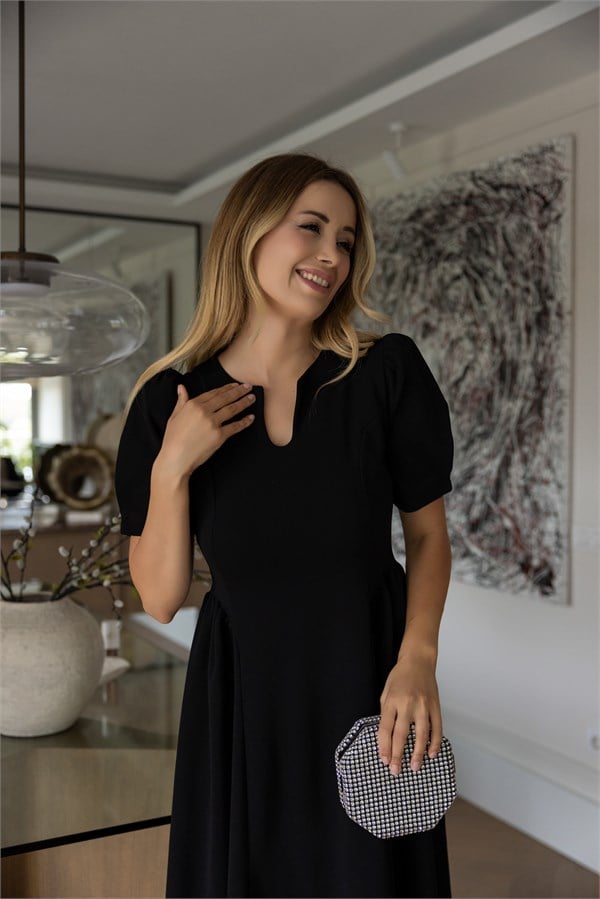 Taşlı Fiyonk Detaylı Midi Elbise - SİYAH