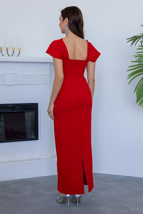 Taşlı Kalem Elbise - KIRMIZI