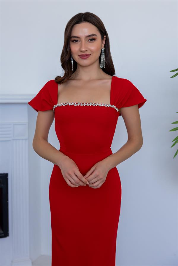 Taşlı Kalem Elbise - KIRMIZI
